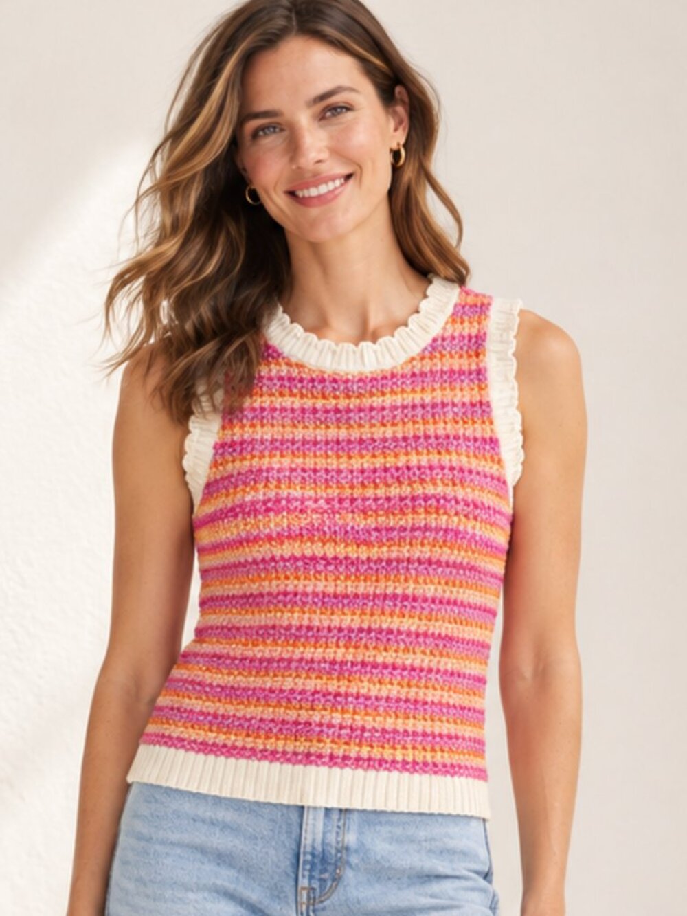 J.Crew Pink and Orange Striped Cotton Crewneck Sweater